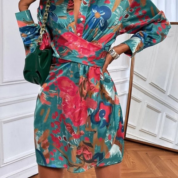 Multicolor Casual Womens Floral Print Tie Back Shirt Dress - Picture 2 of 5